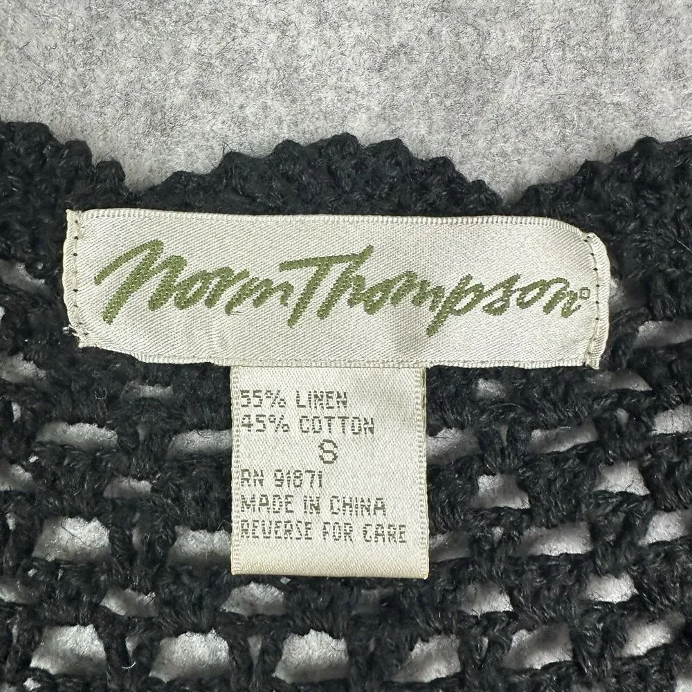 VTG Norm Thompson Black Crochet Knit Cardigan Sweater Sz S Linen Cotton Scallop